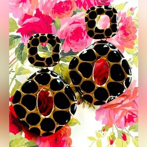 Double drop post gold and black earrings
